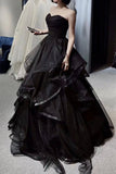 Vintage A line Strapless Sleeveless Long Black Prom Dress HZ1022