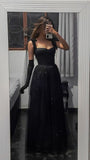 Vintage A line Straps Sleeveless Long Tulle Black Prom Dress HZ1022