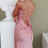 Vintage Mermaid Sleeveless Silk Satin Light Pink Prom Dress HZ1022