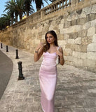 Vintage Mermaid Sleeveless Silk Satin Light Pink Prom Dress HZ1022