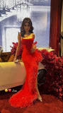 Sexy Mermaid Straps Sleeveless Long Red Prom Dress With Feather HZ1022