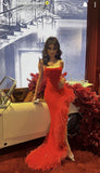 Sexy Mermaid Straps Sleeveless Long Red Prom Dress With Feather HZ1022