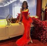 Sexy Mermaid Straps Sleeveless Long Red Prom Dress With Feather HZ1022