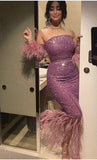 Sexy Mermaid Strapless Sequin Lilac Prom Dress With Feather HZ1022
