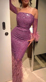 Sexy Mermaid Strapless Sequin Lilac Prom Dress With Feather HZ1022
