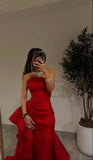 Sexy Mermaid Long Strapless Red Slit Prom Dresses HZ1022