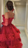 Sexy Ball Gown Long Straps Red Tulle Prom Dresses HZ1022