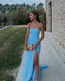 Sexy A Line Long Strapless Light Blue Slit Prom Dresses HZ1022