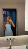 Sexy A Line Long Strapless Light Blue Slit Prom Dresses HZ1022
