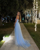 Sexy A Line Long Strapless Light Blue Slit Prom Dresses HZ1022