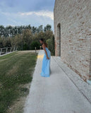 Sexy A Line Long Strapless Light Blue Slit Prom Dresses HZ1022
