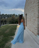 Sexy A Line Long Strapless Light Blue Slit Prom Dresses HZ1022