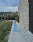 Sexy A Line Long Strapless Light Blue Slit Prom Dresses HZ1022