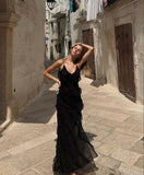 Sexy Sheath Long Straps Black Chiffon Prom Dresses HZ1022