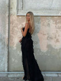 Sexy Sheath Long Straps Black Chiffon Prom Dresses HZ1022