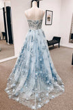 Vintage Blue 3D Floral Lace Sweetheart A-Line Long Prom Dress HZ1022