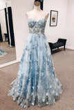 Vintage Blue 3D Floral Lace Sweetheart A-Line Long Prom Dress HZ1022