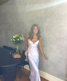 Sexy A line Long Straps Silk Satin White Prom Dresses HZ1022