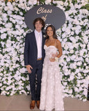 Modest A Line Straps White Floral Lace Prom Dresses HZ1022