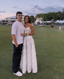 Modest A Line Straps White Floral Lace Prom Dresses HZ1022