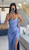 Sexy Sheath Straps Silk Satin Blue Prom Dresses HZ1022
