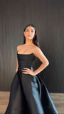 Modest A line Strapless Black Satin Prom Dresses HZ1022