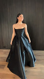 Modest A line Strapless Black Satin Prom Dresses HZ1022