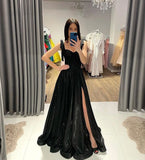 Modest A line Straps Black Sequin Prom Dresses HZ1022
