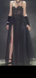 Modest A line Straps Black Lace Prom Dresses HZ1022