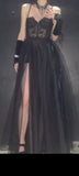 Modest A line Straps Black Lace Prom Dresses HZ1022