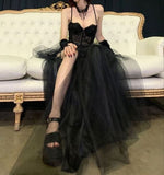 Modest A line Straps Black Lace Prom Dresses HZ1022