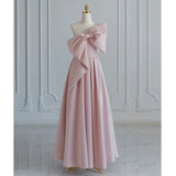 Modest A Line Strapless Long Sleeveless Satin Pink Prom Dresses HZ1022
