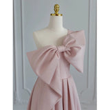 Modest A Line Strapless Long Sleeveless Satin Pink Prom Dresses HZ1022