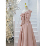 Modest A Line Strapless Long Sleeveless Satin Pink Prom Dresses HZ1022