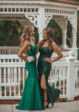 Modest Mermaid Straps Long Satin Green Prom Dresses HZ1022