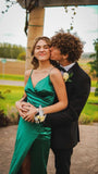 Modest Mermaid Straps Long Satin Green Slit Prom Dresses HZ1022