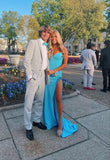 Modest Sheath Straps Long Satin Blue Slit Prom Dresses HZ1022