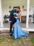 Modest Sheath Long Satin Blue Slit Prom Dresses HZ1022