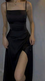 Simple Mermaid Straps Long Slit Black Prom Dresses HZ1022