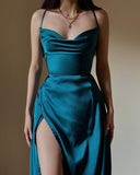 Simple A Line Straps Long Slit Teal Prom Dresses HZ1022