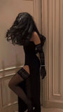 Simple Sheath Strapless Long Slit Black Prom Dresses HZ1022