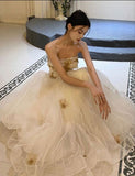 Modest A line Strapless Long Champagne Tulle Prom Dresses HZ1022
