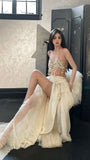 Modest 2 Pieces Strapless Long Champagne Tulle Prom Dresses HZ1022