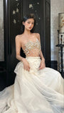 Modest 2 Pieces Strapless Long Champagne Tulle Prom Dresses HZ1022
