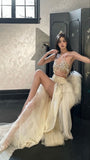 Modest 2 Pieces Strapless Long Champagne Tulle Prom Dresses HZ1022