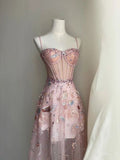 Fairy A line Straps Long Pink Lace Prom Dresses HZ1022