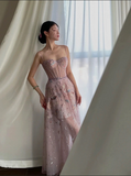 Fairy A line Straps Long Pink Lace Prom Dresses HZ1022