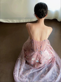 Fairy A line Straps Long Pink Lace Prom Dresses HZ1022