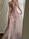 Fairy A line Straps Long Pink Lace Prom Dresses HZ1022