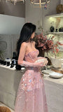 Fairy A line Straps Long Pink Lace Prom Dresses HZ1022